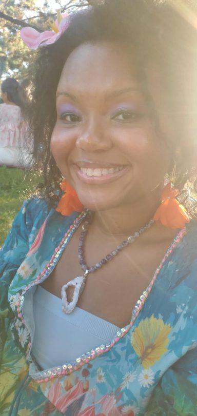 Model wearing quartz pendant necklace